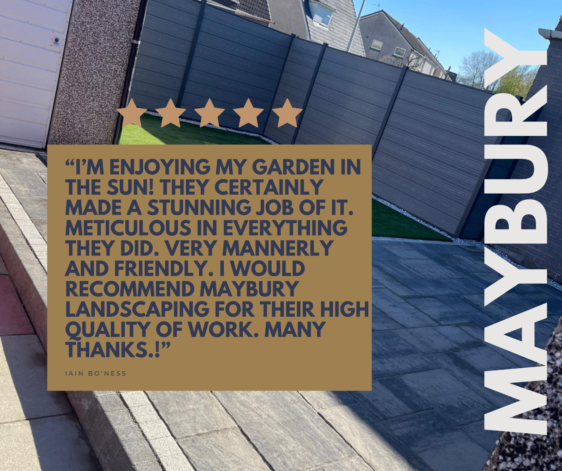 5-star review from Iain Bo'ness - Maybury Landscaping customer testimonial praising meticulous work quality and friendly service